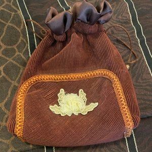 Wonderful & Unique Drawstring Evening Pouch in Rose Brown with Beige Applique